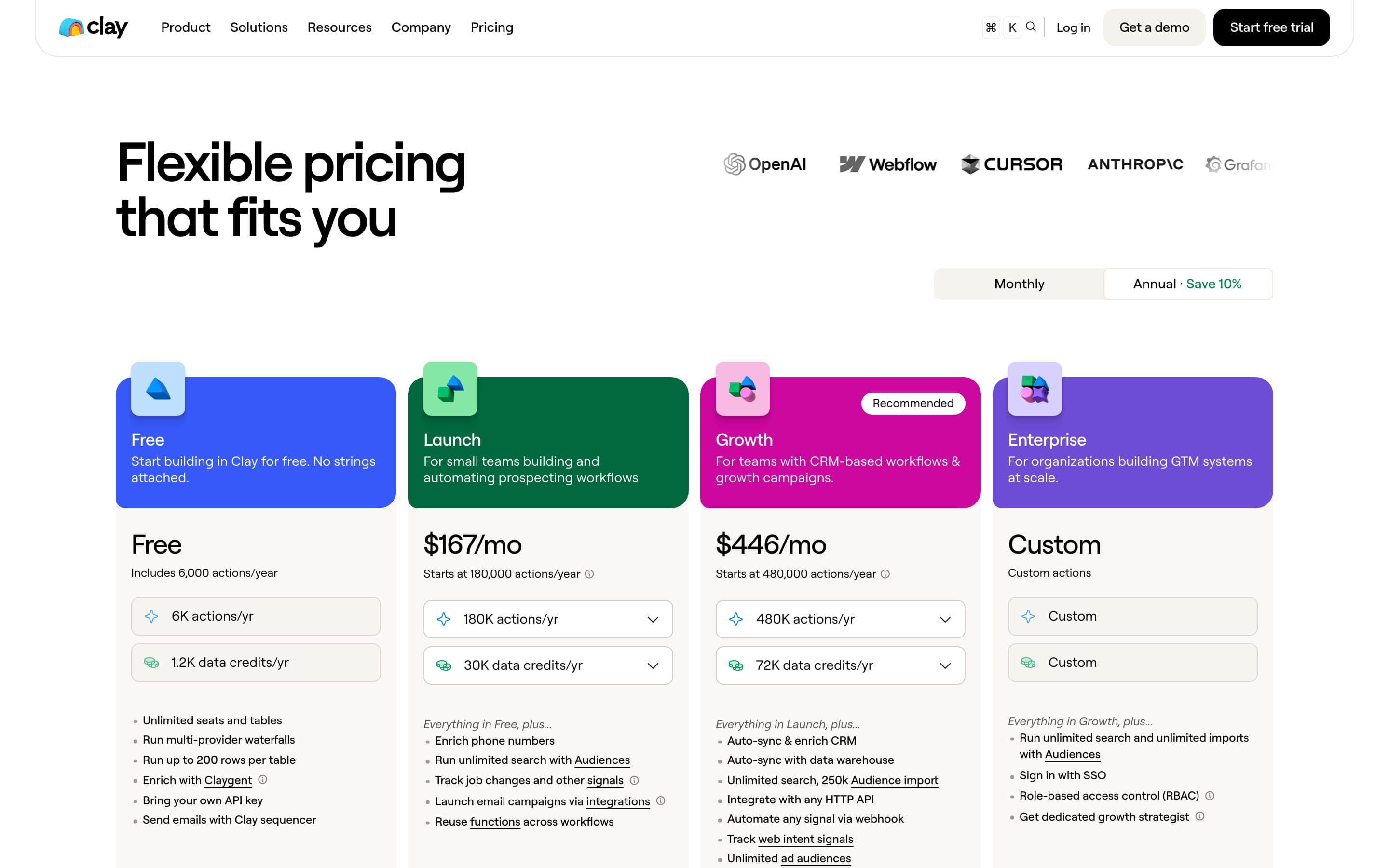 Clay pricing page in August 2026 starting at $167 per month