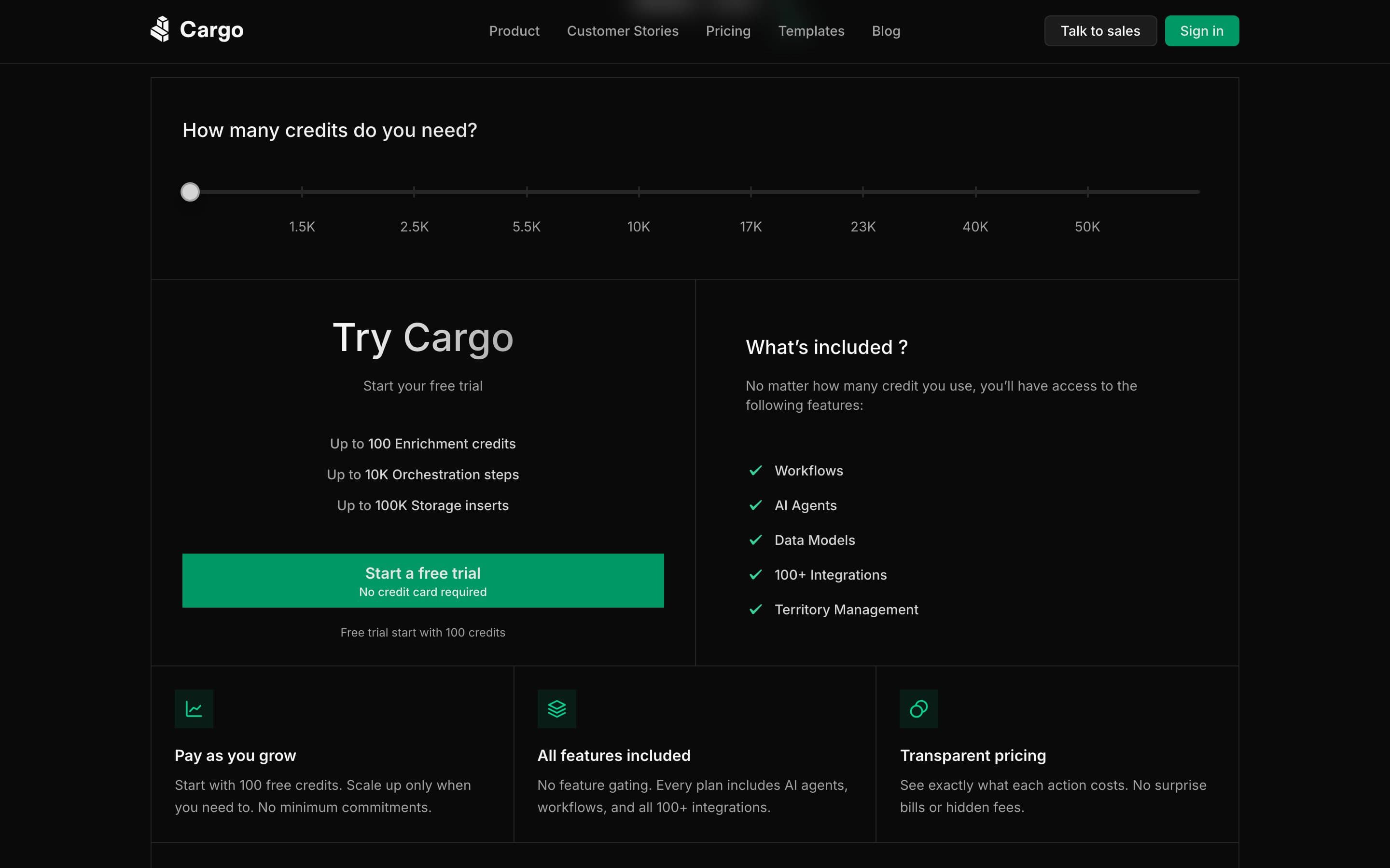 Cargo pricing page in August 2026 starting at 165$ / mo