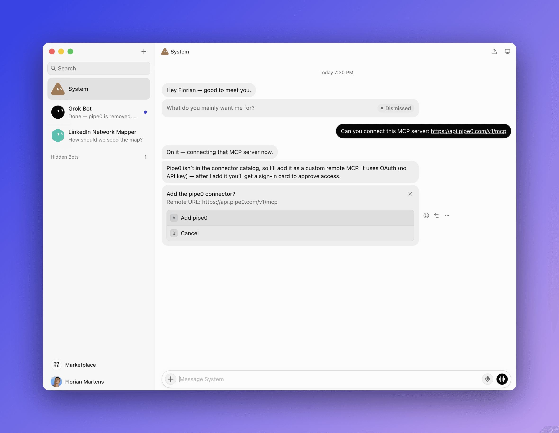 Grok Bot's System chat showing a confirmation card titled "Add the pipe0 connector?" with the remote URL and Add pipe0 and Cancel buttons